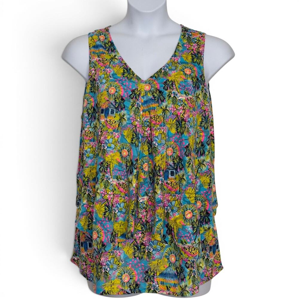 Lulu B Tropical Cottage Print Sleeveless Top Layered V Neck Coastal Y2K Plus 1X